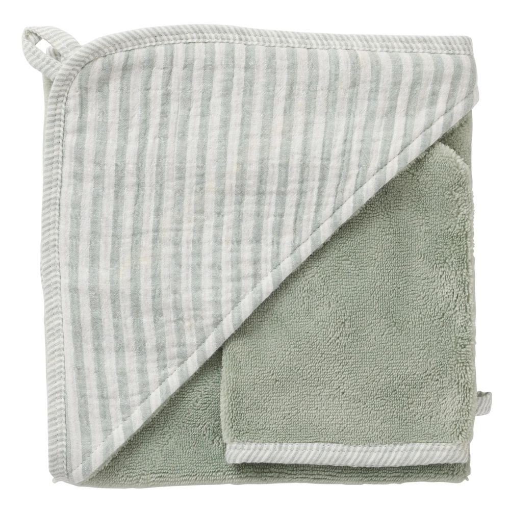 Une image pour le produit Cape de Bain + Gant Rayé Vert de Gris Soft Stripes